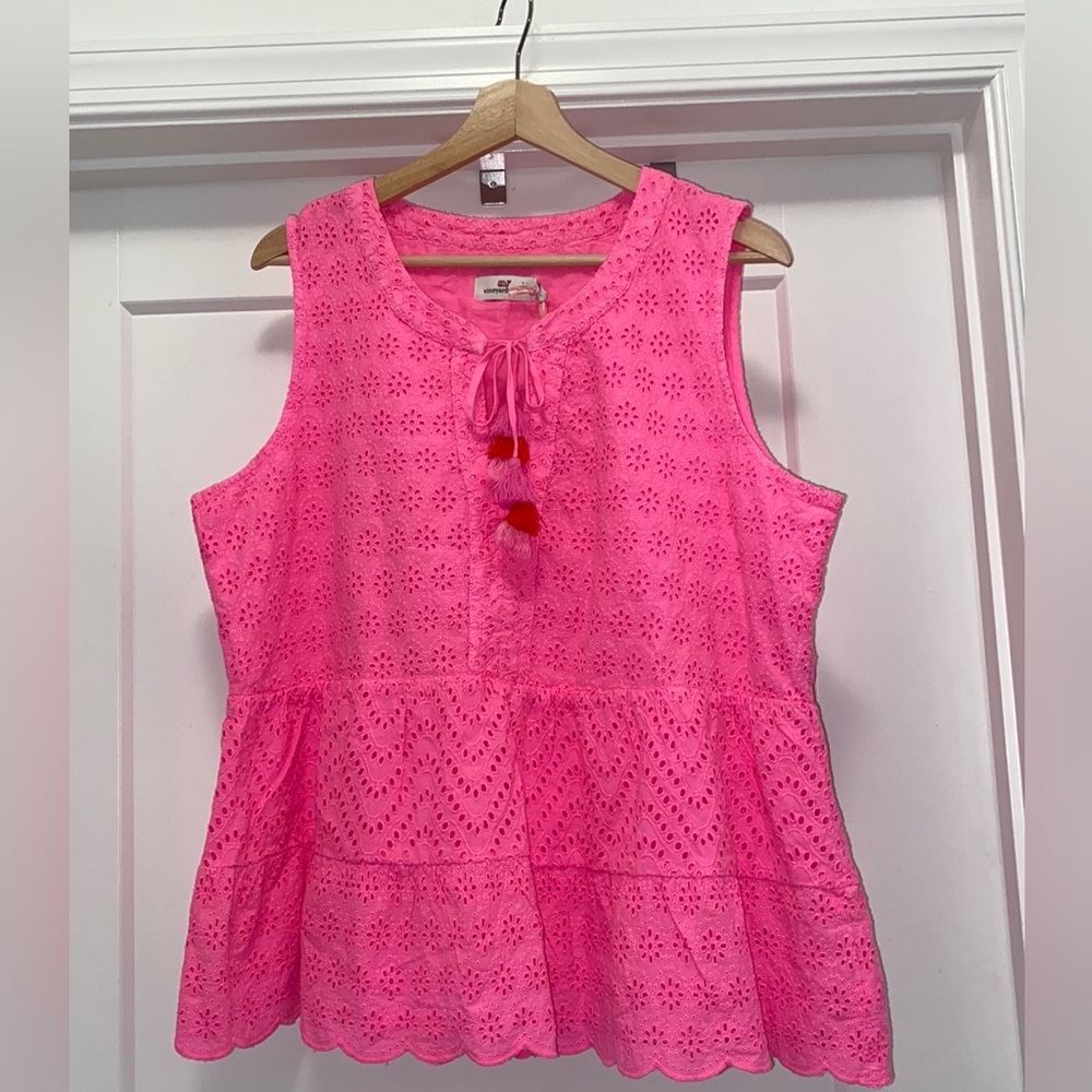 NWT! VINEYARD VINES Pink Allamanda Floral Eyelet Tiered Top- Size XL